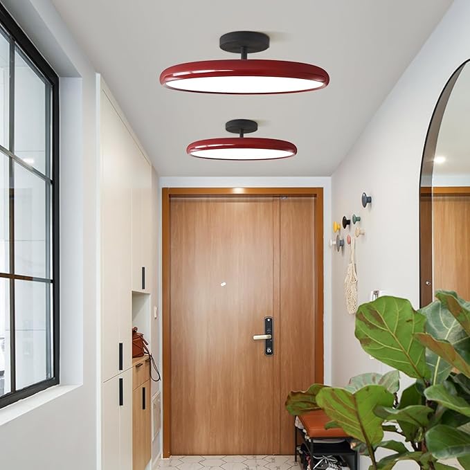 KCO Lighting Modern Red Ceiling Light Fixture Large Industrial Black Flush Mount LED Pendant Lamp Mid Century Flat Rustic Semi Flush Mount Ceiling Light for Porch Hallway Entryway