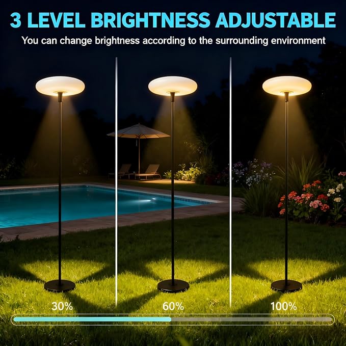 Lightdot Solar Outdoor Floor Lamp for Patio, Waterproof USB Rechargeable Cordless Floor Lamp with 3 Brightness Modes,Height Adjustable(Max 74IN),Warm White 3000k Standing Solar Lights for Yard Garden