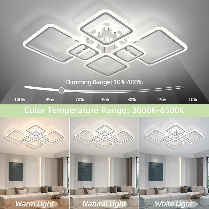 Modern LED Ceiling Lights for Bedroom 40.2'' Dimmable Square 6+1 Rings Ceiling Lights for Living Room with Remote Control 130W for Kitchen,Balcony, Bedroom, Chrome