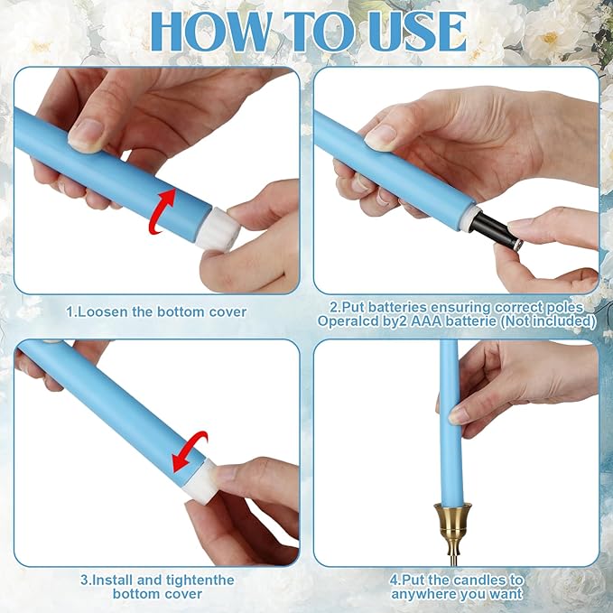 Macarrie 24 Packs Flameless Taper Candles Battery Operated Fake 11 Inch Long Candlelight LED Flameless Candlesticks Flickering Tapered for Spring Summer Wedding(Mixed Blue)