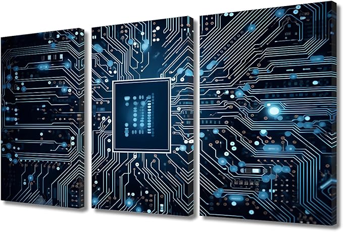 Office Wall Art Circuit Board High-Tech Technology Canvas Wall Art Circuit Network Contemporary Artwork Chip Pictures Wall Art for Living Room Bedroom Decor Framed Ready to Hang (36"Wx24"H)