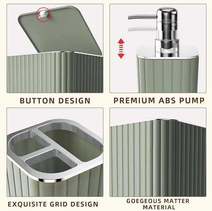 XLHOMO 26PC Bathroom Accessories Set - Gorgeous Bathroom Set, Sage Green Bathroom Accessory Set, Shower Curtain Set with Bathtub Mats for Shower Tub, Trash Can & Soap Dispenser