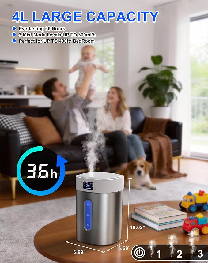 Humidifiers for Bedroom Large Room Baby, 4L Ultrasonic Cool Mist Humidifier, 304 Stainless Steel humidifiers, Auto Humidity Control, Humidity Display, Night Light, Quiet,Timer,Aromatherapy