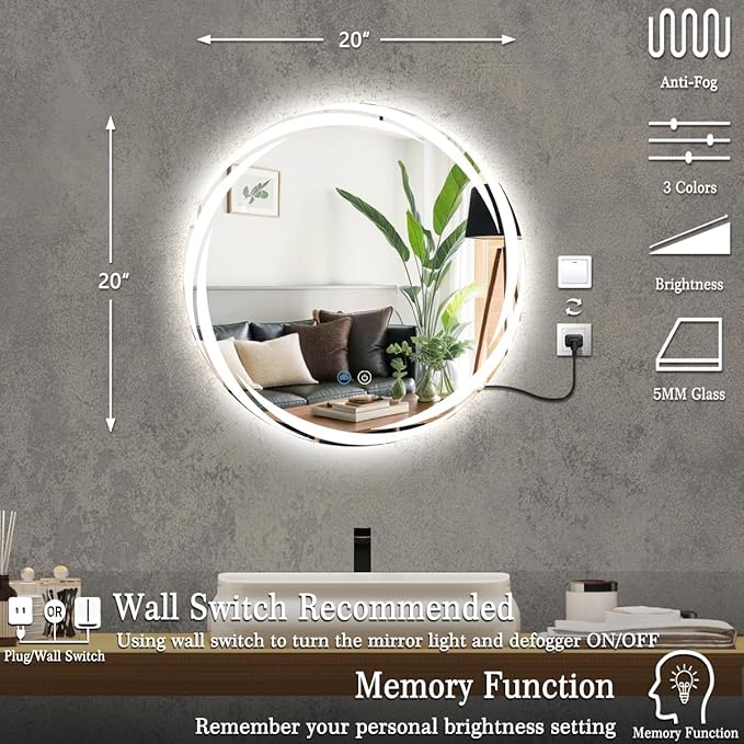 20 Inch Unique Rotating Round Lighted Mirror for Bathroom Hotel Makeup Wall LED Round Vanity Mirror with Lights Smart Memory 3 Color Dimmable AntiFog 20 Backlit Rounds Circle Lighted Mirrors