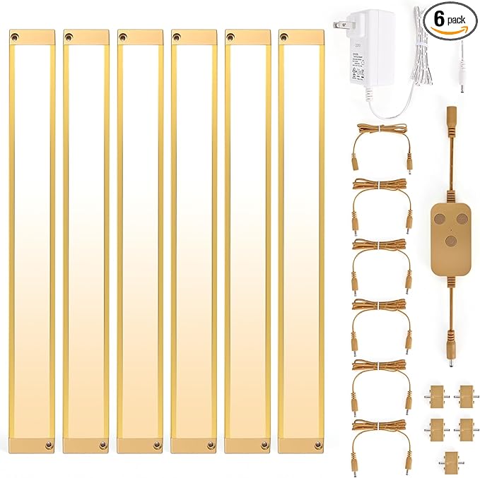 6pack 12inch Dimmable LED Under Cabinet Light Kit, 2700K to 6000K Smart LED Under Counter Lighting Fixture, Compatible with Alexa, Google Assistant, for Kitchen, Pantry, Shelf (Gold)
