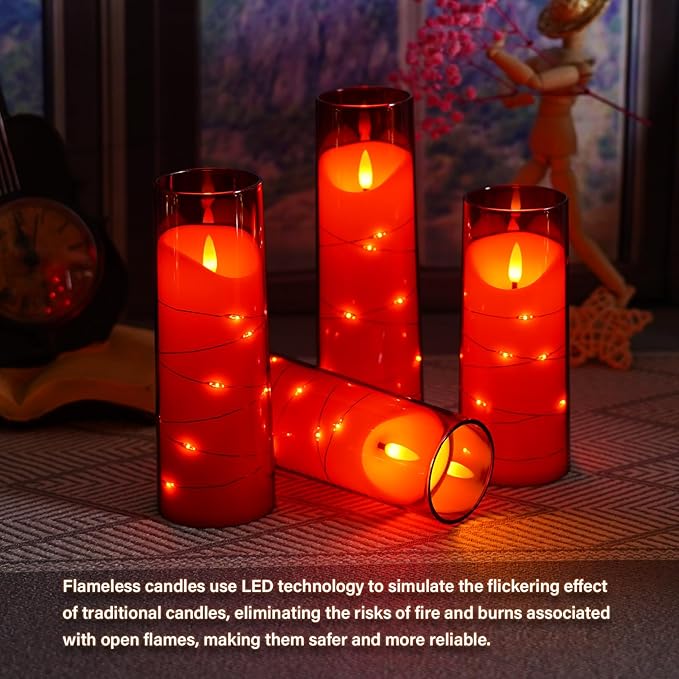 Flameless Candles with Embedded Star String, Battery Operated LED Pillar Candles with Timer and Remote Control,Home Decorating for Ambiance， Set of 9 (Red)