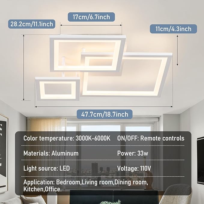 Modern White Led Ceiling Light 3-Square Design 3000K-6500K Dimmable LED Ceiling Light with Remote 33W Acrylic Ceiling Lighting Fixture for Bedroom Kitchen Dining Room Office Lamps (White)