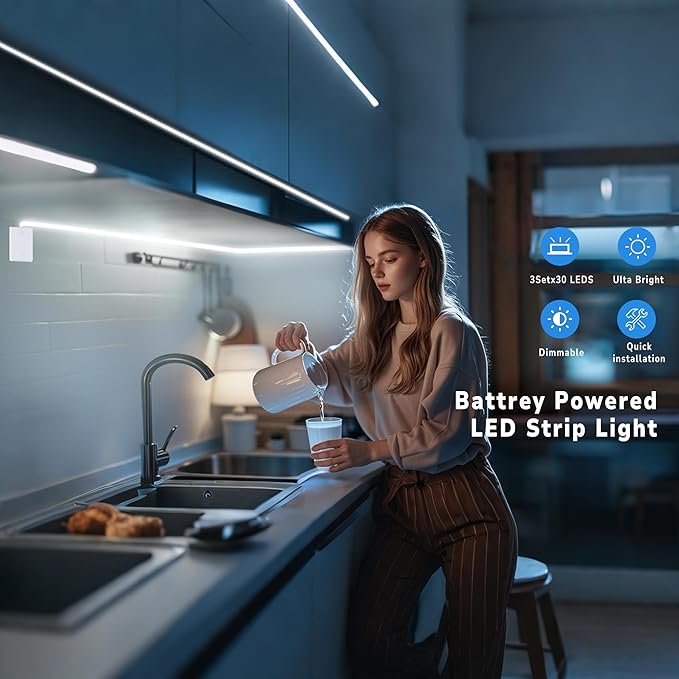 L8star Battery Powered LED Strip Lights, 3.28ft x 3 Pack(9.8ft),6000K White Strip Light with 3 AA Battery Box, 90 LED Strip Lights for Kitchen Under Cabinet Lighting, Shelves, Under Counter