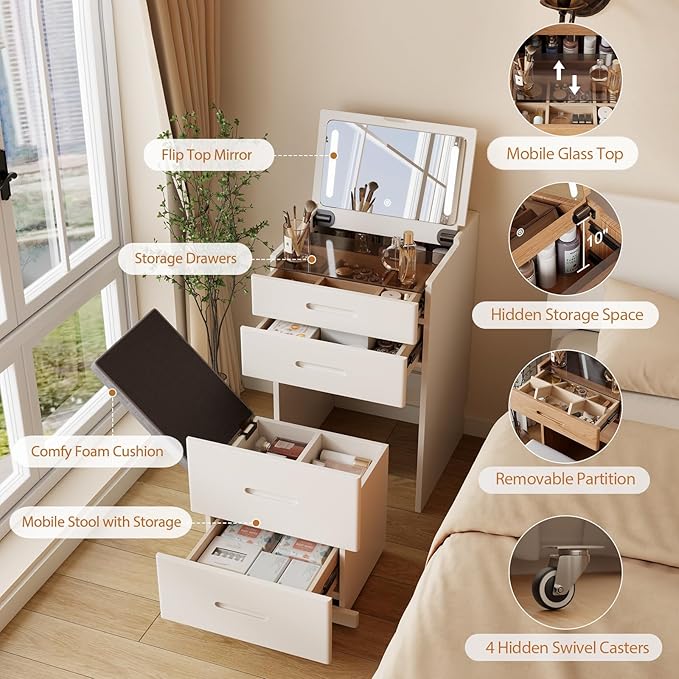 Solid Wood 3 in 1 Vanity Desk with Flip Top Mirror, No Assembly, Compact Vanity with Hidden Chair, Small Makeup Vanity Set with Power Outlet, Dressing Table for Bedroom, White
