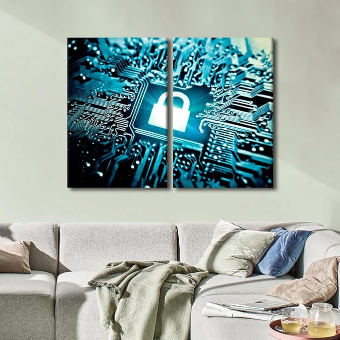 Security Lock Symbol Wall Pictures for Living Room Modern Home Decor AI Intelligence Canvas Poster Pictures Pictures House Decorations Artwork Paitings 3 Pieces Framed Ready to Hang, 24"Wx16"H