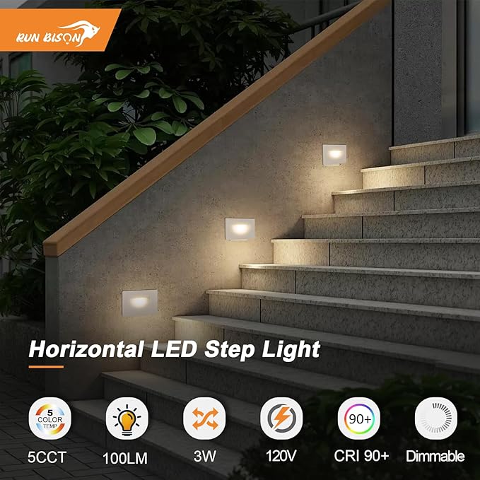 Horizontal Step Lights, 5CCT Selectable, IP65 Waterproof, 3W 100LM, 120V LED Stair Lights Indoor Outdoor, 10%-100% Dimmable, White, ETL Listed - 4PK