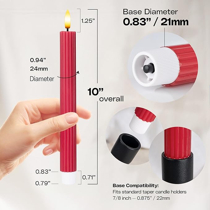 12 Pack, 10" LED Flameless Red Fluted Ribbed Grooved Taper Candles, Remote & 24h Timer Memory, On/Off Button, Dimmable, Flicker Mode, Battery Operated, Christmas Menorah Wedding