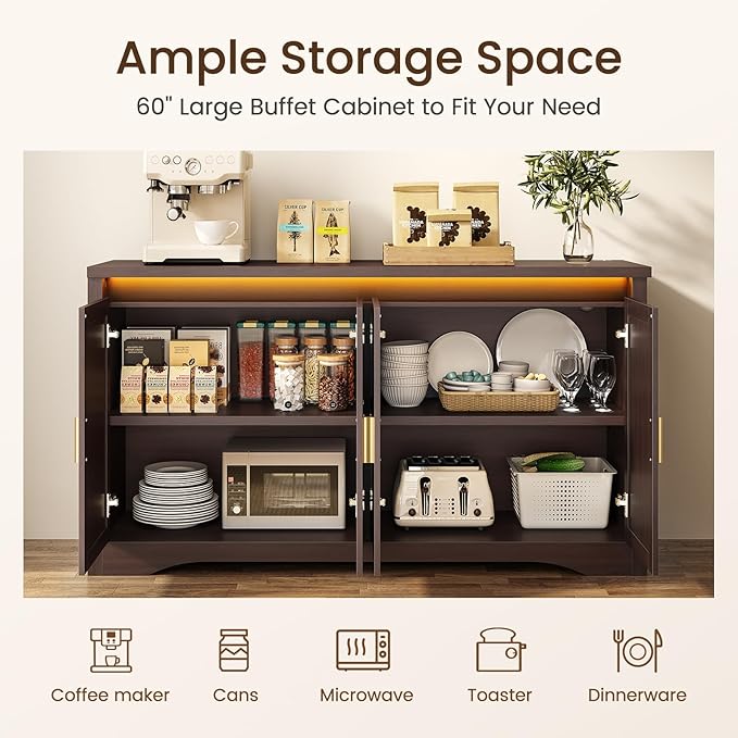 60'' Sideboard Buffet Cabinet with Storage, Modern Coffee Bar Cabinet with Power Outlets, LED Light, 4 Doors & Adjustable Shelves, Buffet Table for Kitchen, Dining Room, Living Room, Walnut