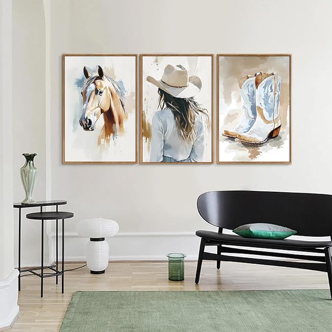 YeeHomedec Large Western Cowgirl Posters Framed Canvas Wall Art Set, Blue and White Horse Wall Decor, Glam Rodeo Boots Art Print, Vintage Country Hat Artwork for Living Room Bedroom Dorm 24"x36"x3