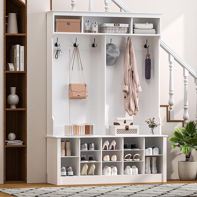 Hall Tree with Bench and Shoe Storage, 53" Farmhouse 4-in-1 Mudroom Storage Organizer with Coat Rack, 6 Hooks, 12 Shoe Cubbies, Adjustable Shelf, for Entryway, Hallway, Living Room, White