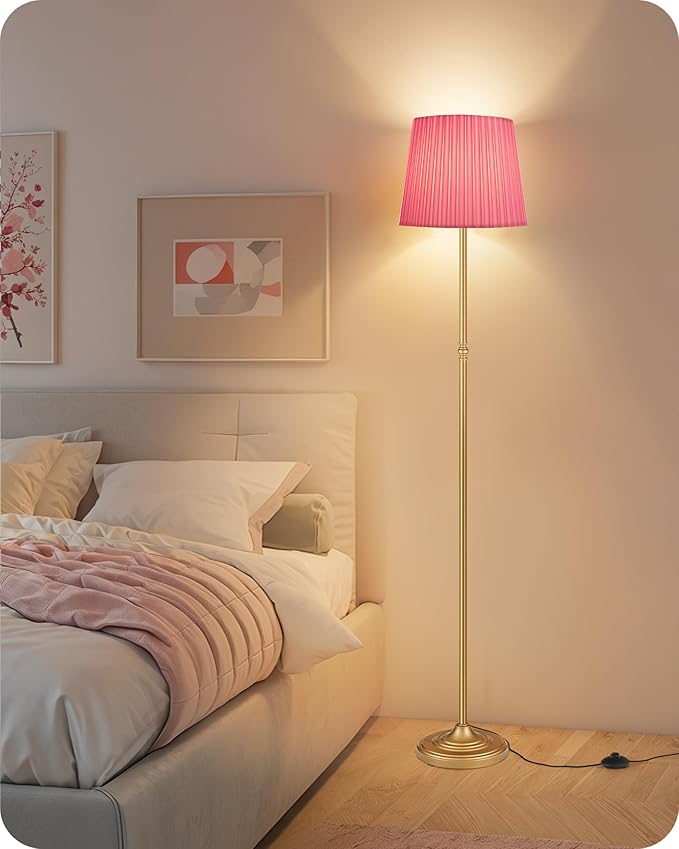 Pink Floor Lamp for Living Room, 68" Standing Lamp, Dimmable Reading Light with Remote & Foot Pedal, with LED Bulb, for Living Room, Bedroom, Girls Room FCC Listed, Gold and Pink DP12LD05