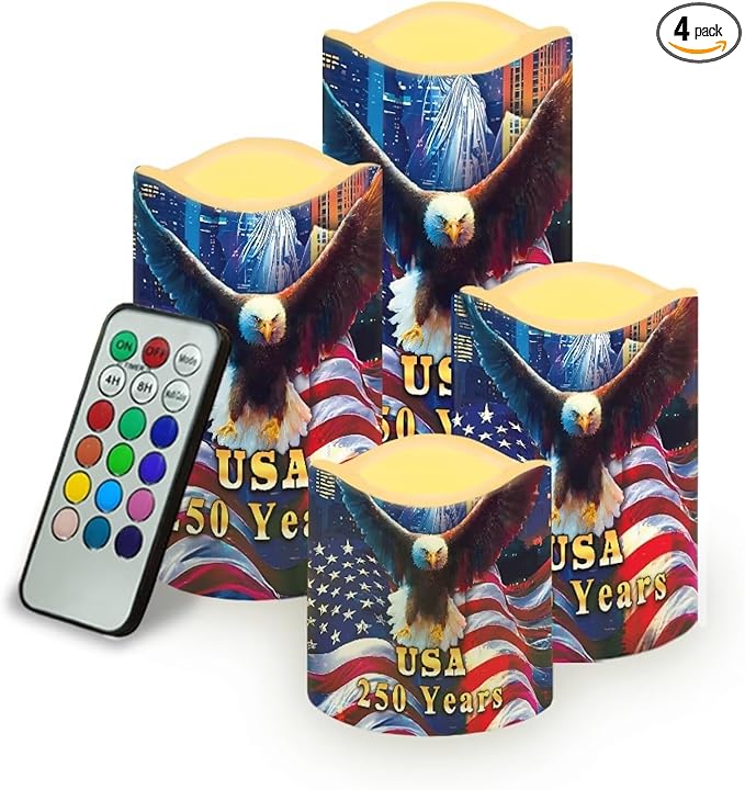 American Flag Fake Candles Bald Eagle Fourth of July LED Candle Battery Operated Flickering Remote 250th Anniversary Patriotic Decor for Bedroom Wedding Restaurant, 4 Pack