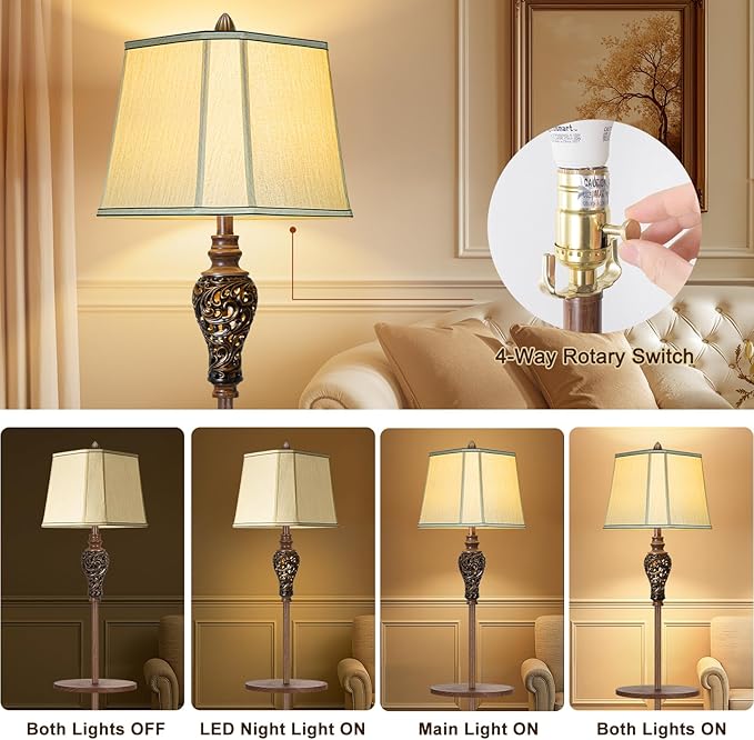 65" High Vintage Floor Lamp with Night Light and Metal Tray, Farmhouse Standing Lamp with Beige Faux Silk Shade, Retro Rustic Tall Lamp Decor for Living Room, Bedroom, Bedside, Corner (Bulb Included)