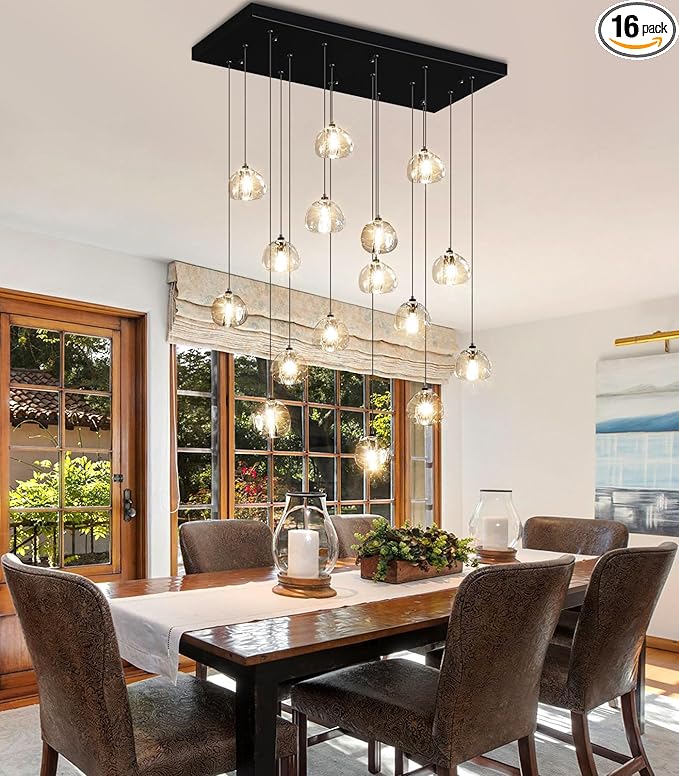 W27.6 x D11.8 x H118 Rectangular Glam Chandelier Bubble Crystal Ceiling Pendant Lights Dimmable High Ceiling Chandeliers Fixtures Adjustable Long Lights Black
