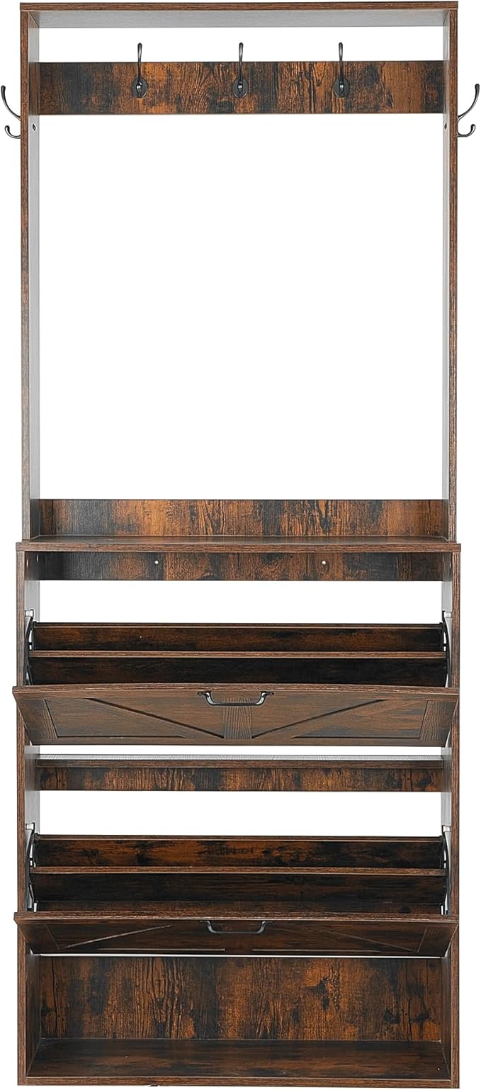 Betoko Hall Tree with Shoes Storage,Farmhouse Corner Coat Rack with 5 Coat Hooks, Wooden Entryway Tree Cabinet with 2 Shoes Cabinets for Hallway Mudroom, Brown