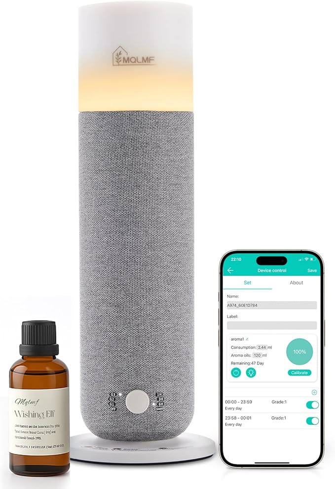 Hotel Collection Diffuser Machine,Fabric-Wrapped Design,Candlelight Atmosphere Lamp,Whisper-Quiet,1000 Sq Ft,Scent Waterless Essential Oil Diffuser,Scent Air Machine Home - Grey
