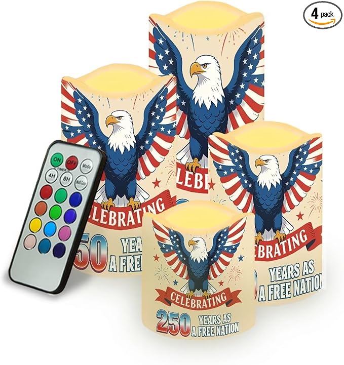 A Free Nation Flickering Flameless Candles Bald Eagle LED Battery Operated Timer 250th American Anniversary Candle Warmer Lamp Celebrate 4th of July Independence Day, 4 Pack