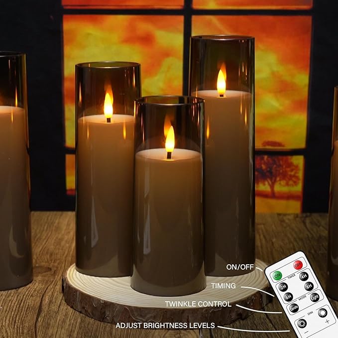 Flickering Flameless Candles Battery Operated with Remote and 2/4/6/8 H Timer Plexiglass Led Pillar Candles Pack of 9 (D2.3 xH5.5 6.5" 7.5") with Realistic 3D Wick Candles for Home Decor(Grey)
