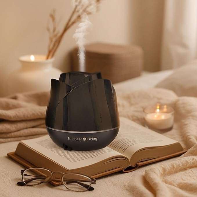 Earnest Living Rose Essential Oil Diffuser 150ml – Mini Ultrasonic Aromatherapy Humidifier for Bedroom & Desk, Quiet Mist, USB Powered, 7-Color Night Light, Valentine's Gift for Women, Solid Black