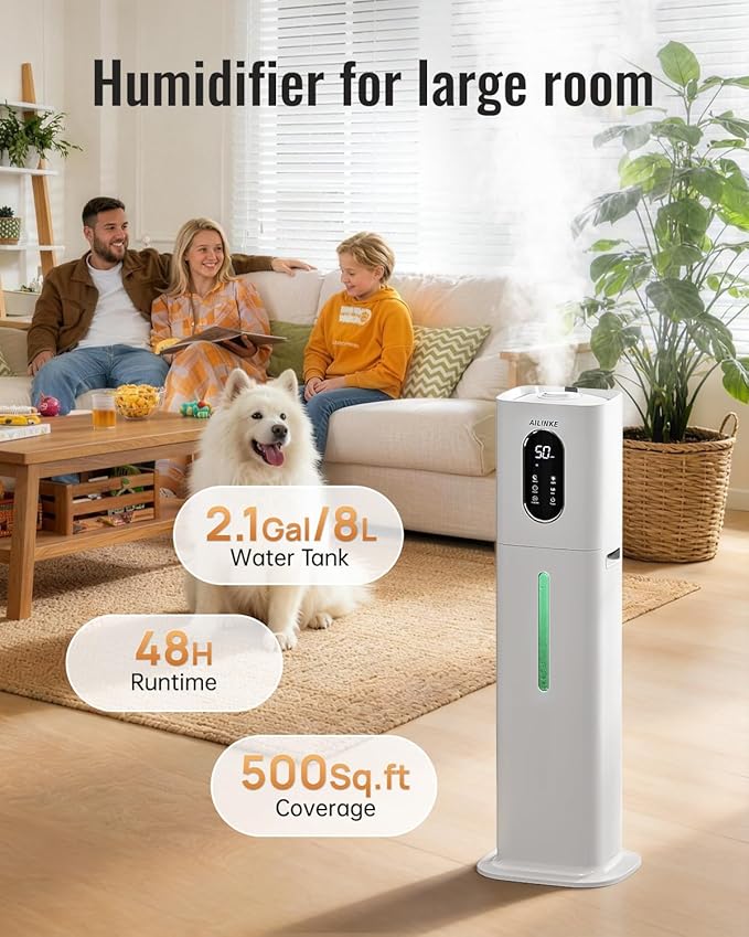 Humidifier Large Room Bedroom with Night Light, 2.1Gal(8L) Humidifiers for Home with Essential Oil Diffuser, Top Fill Whole House Cool Mist Humidifiers for Plants Baby Kids Adults(White)