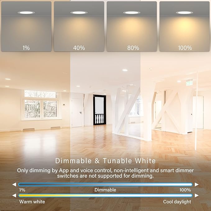 3" LED Recessed Canless Smart Wafer Downlight, WiFi APP & Voice Control, 120VAC, 7W, 420LM, RGB + 2700K-6000K, ETL & FCC & IC, Wet Rated, Compatible with Alexa/Google Home, White - 4 Packs