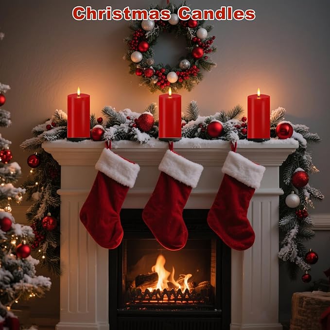 VEEKI Red Flameless Candles, Set of 2 7"x3" Flickering LED Candles with Remote & Timer, Dimmable Real Wax Electric Pillar Candles Battery Operated, Candles Light for Home Christmas Decor (Red)
