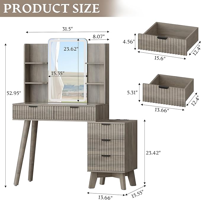 Fluted Vanity Desk with Mirror and Lights, 31.5" Glass Top Makeup Table Set with 5 Drawers, Power Outlet & Storage Cabinet, Large Dressing Table with RGB Ambient Light for Bedroom Women Girls, Grey