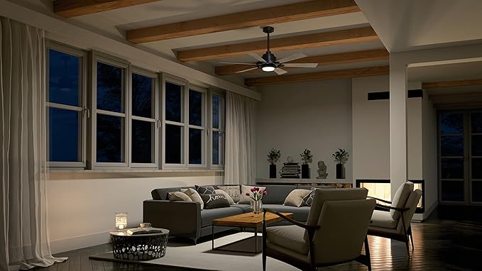Kichler 52 Inch Gentry Lite LED Ceiling Fan and Etched Cased Opal Glass in Anvil Iron with Distressed Antique Grey Blades,Satin Black/Silver