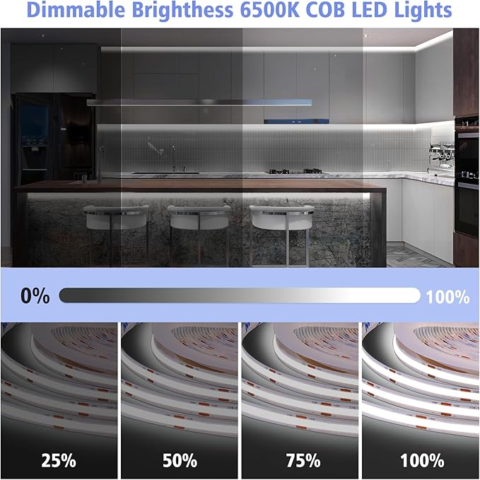 COB LED Strip Lights 32.8ft,6500K DC 24V Dimmable Warm White Flexible LED Lights Strip for Bedroom,with Remote and app Control LED Rope Lights for Living Room,Shelf,Cabine,Bed