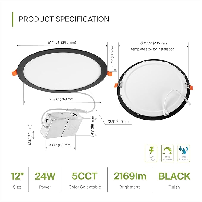 ASD 4 Pack 11/12 Inch LED Recessed Lighting 24W, 5 CCT 2700K-5000K CRI90+, IC Rated Ultra Thin Dimmable Ceiling Lights with J Box, Canless Wafer Downlight, Round Slim Panel Light, UL Listed, Black