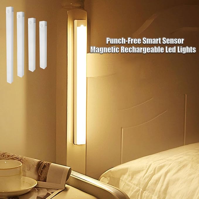 4/8Pack Punch-Free Smart Sensor Magnetic Rechargeable Led Lights,Under Cabinet Lights,Home Motion Sensor Light Indoor (4PCS Warm Light,10cm/3.9in)