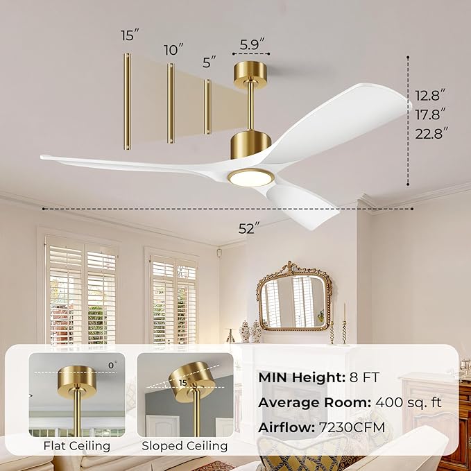Ceiling Fans with Lights, Ceiling Fans with Lights and Remote Control, 52 inch Modern Smart White and Gold Ceiling Fan, Outdoor Ceiling Fans for Patios 3 Blade Bedroom Farmhouse（White）