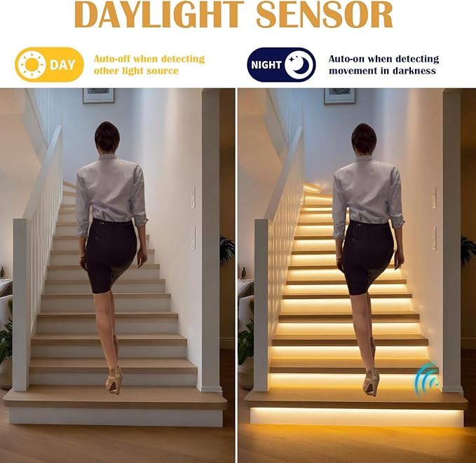 Intelligent Motion Triggered LED Stair Lighting Kit Daylight Sensor PIR Sensor Control Staircase Light One Main Line Design 16 Stairs 40in COB LED Strip Light for Indoor Stair (Warm White-2700K)