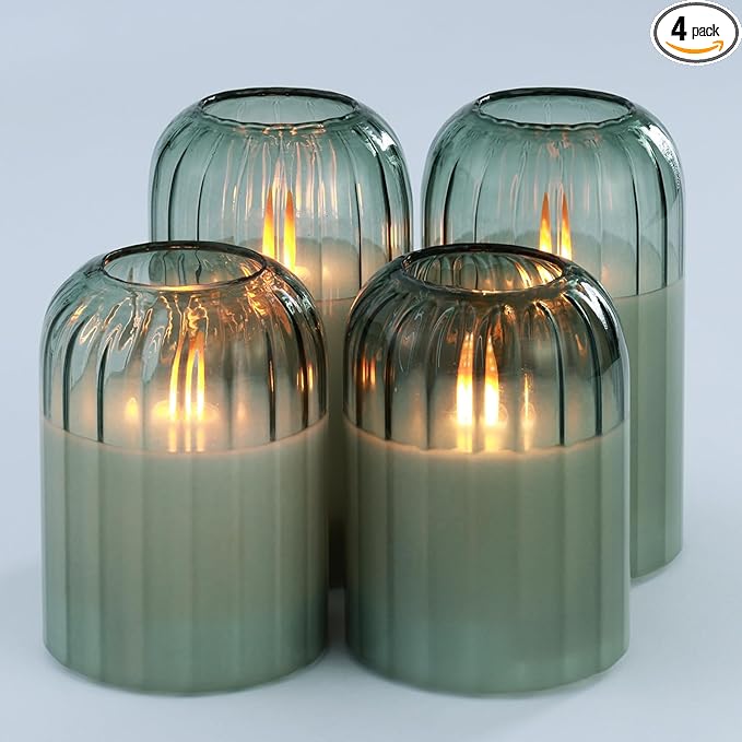 Lezonic Glass Flameless Candles Battery Operated with Remote, Dancing Flame LED Flickering Pillar Candles, Set of 4 Real Wax St. Patrick's Day Gift Fall Decorations for Home Room Decor (Pumpkin Green)