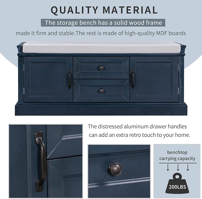 Entryway Storage Bench with Drawers & Cabinets — Cushioned Shoe Storage Bench for Hallway, Mudroom, or Living Room, Solid Wood Frame (Antique Navy)