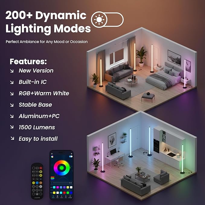Smart Corner Floor Lamp with App & Remote Control, Music Sync LED Ambient Light,16 Million DIY Colors,1500 Lumens 80+ Scenes, Color Changing Standing Lamp for Living Room, Bedroom