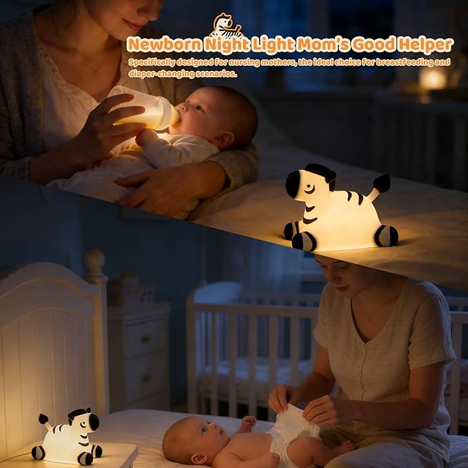 Zebra Silicone Night Light, Kawaii LED Cute Bedside Night Lights Squishy Touch Control USB Rechargeable Dimmable Lamp with Timer for Bedroom Animal Decor Adults Birthday Gifts Party Travel