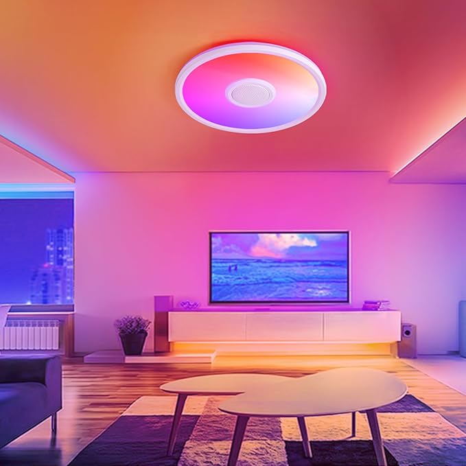 RGB LED Ceiling Light, with Bluetooth Speaker, 24W 11Inch Smart Music Ceiling Lamp with App and Remote Control, 3000K-6500K Color Changing Lights Fixture for Child Bedroom Bathroom, White