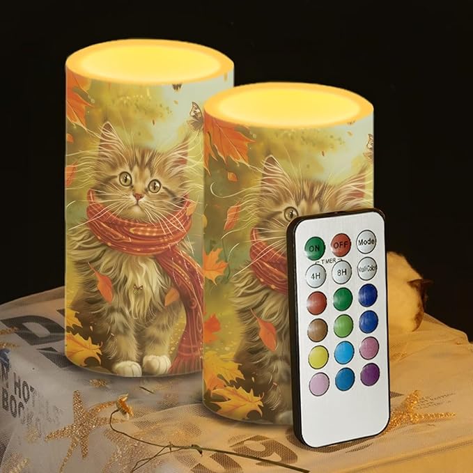 Cat Maple Leaf Battery Candles with Remote Control Fall Decor Flameless Candles Autumn Pillar Candle LED Fake Candles Color Changing for Thanksgiving Decorations Indoor Home Room Party