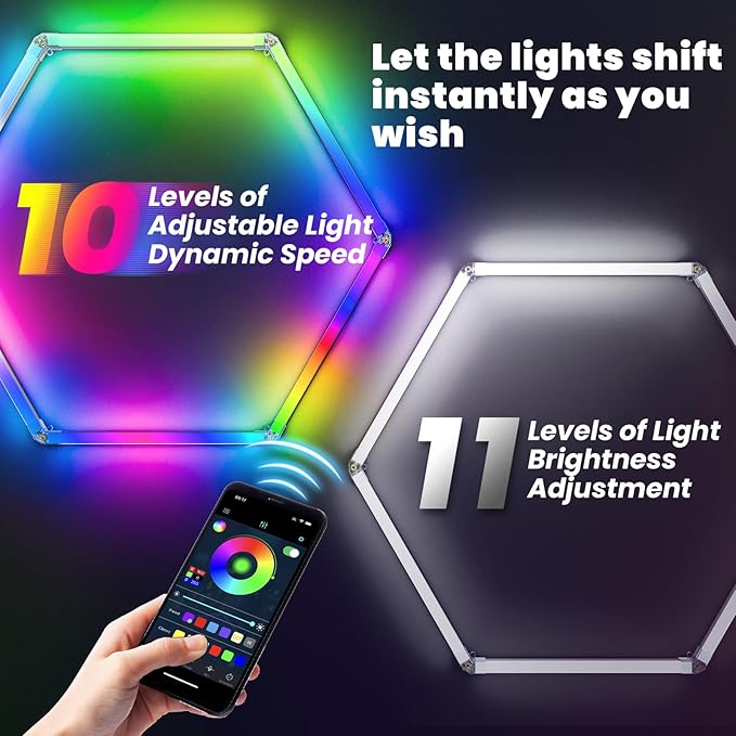 RGB Hexagon LED Light 5-Grid | Hexagon Garage Lights | 356 Color Modes | Music Sync | Smart App & Remote Control | Gaming Room Garage Bedroom Lighting