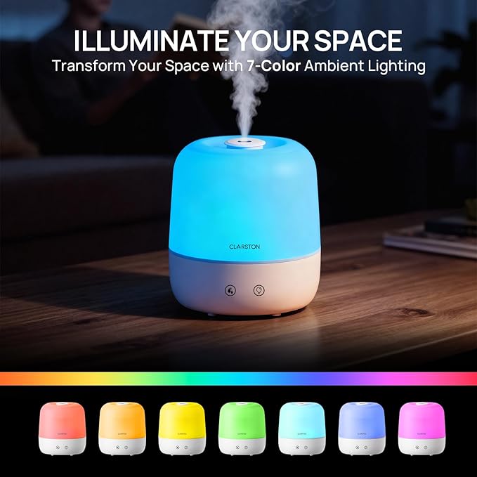 Clarston Humidifiers for Bedroom, 2L Top Fill with 360° Nozzle for Large Room, 7-Color Night Light, 24dB Quiet Cool Mist Air Humidifier for Baby Nursery & Plants, No BPA, Auto Shut Off, Easy to Clean