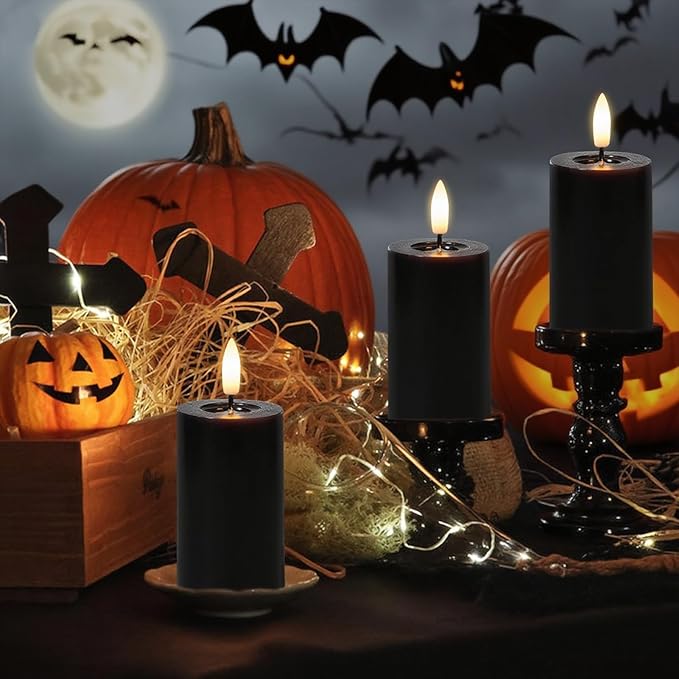 Halloween Decorations Mirror Surface Candles with Remote Timer, Battery Operated 6pcs Real Wax LED Votive Candle Realistic Flickering for for Halloween Decor Lantern Φ 2" H 4.5” Black
