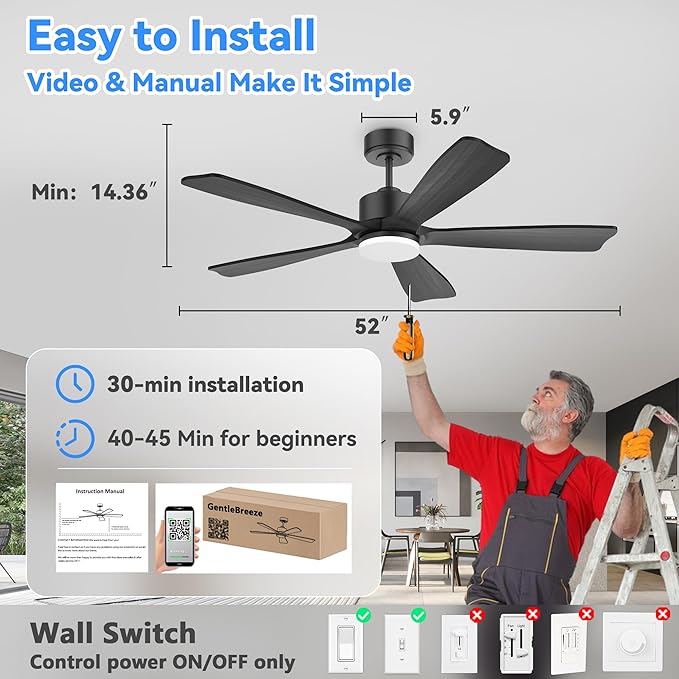 52 Inch Smart Ceiling Fans with Lights and remote,Eco-friendly wood ceiling fan Voice Control via WIFI Alexa App,Quiet DC Motor,Dimmable LED,Modern Ceiling Fan for Bedroom,Living Room,5 blade Fan