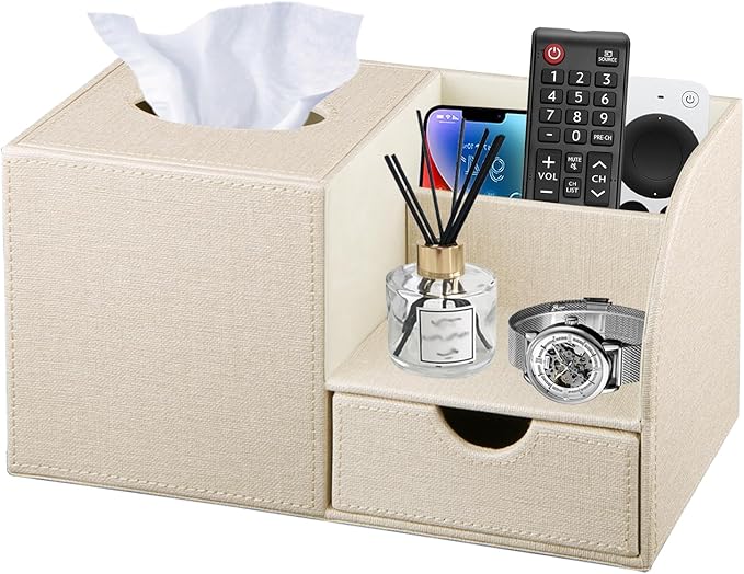 Nightstand Organizer with Tissue Holder,PU Leather Square Tissue Box Cover,Modern Facial Paper Organizer Storage Box for Remote Control,Bathroom,Vanity Countertop,End Table Home Office.Beige