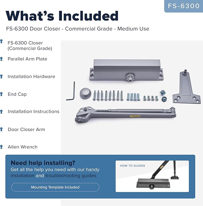 Commercial Door Closer Heavy Duty - Automatic Door Closer for Commercial Use - Grade 1 Auto Hydraulic Spring Hinge - FS-6300 UL & ADA ANSI A156.4 Grade 1 Door Closers Closure Soft Closing Arm